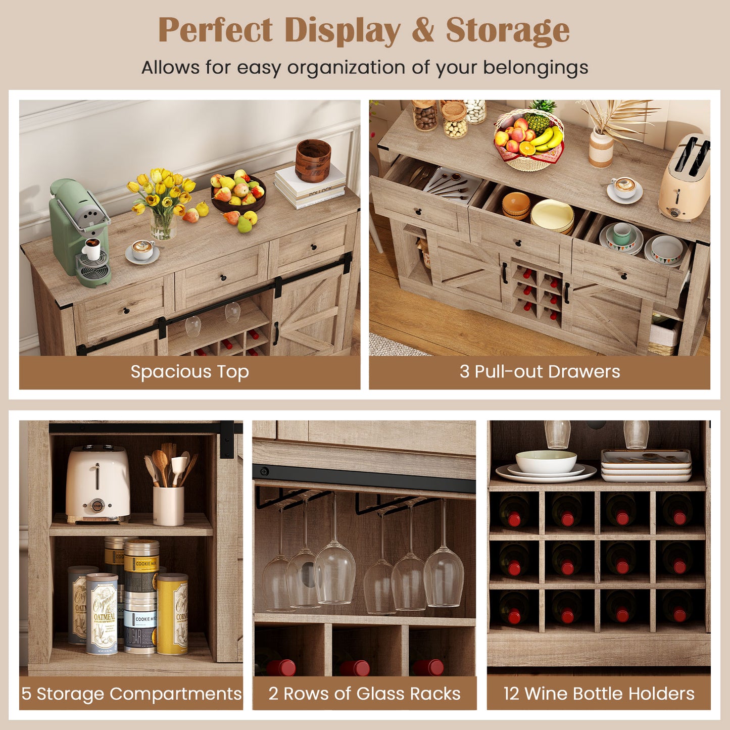 52 Inches Wine Bar Cabinet with LED Lights and Sliding Barn Doors-Light Gray