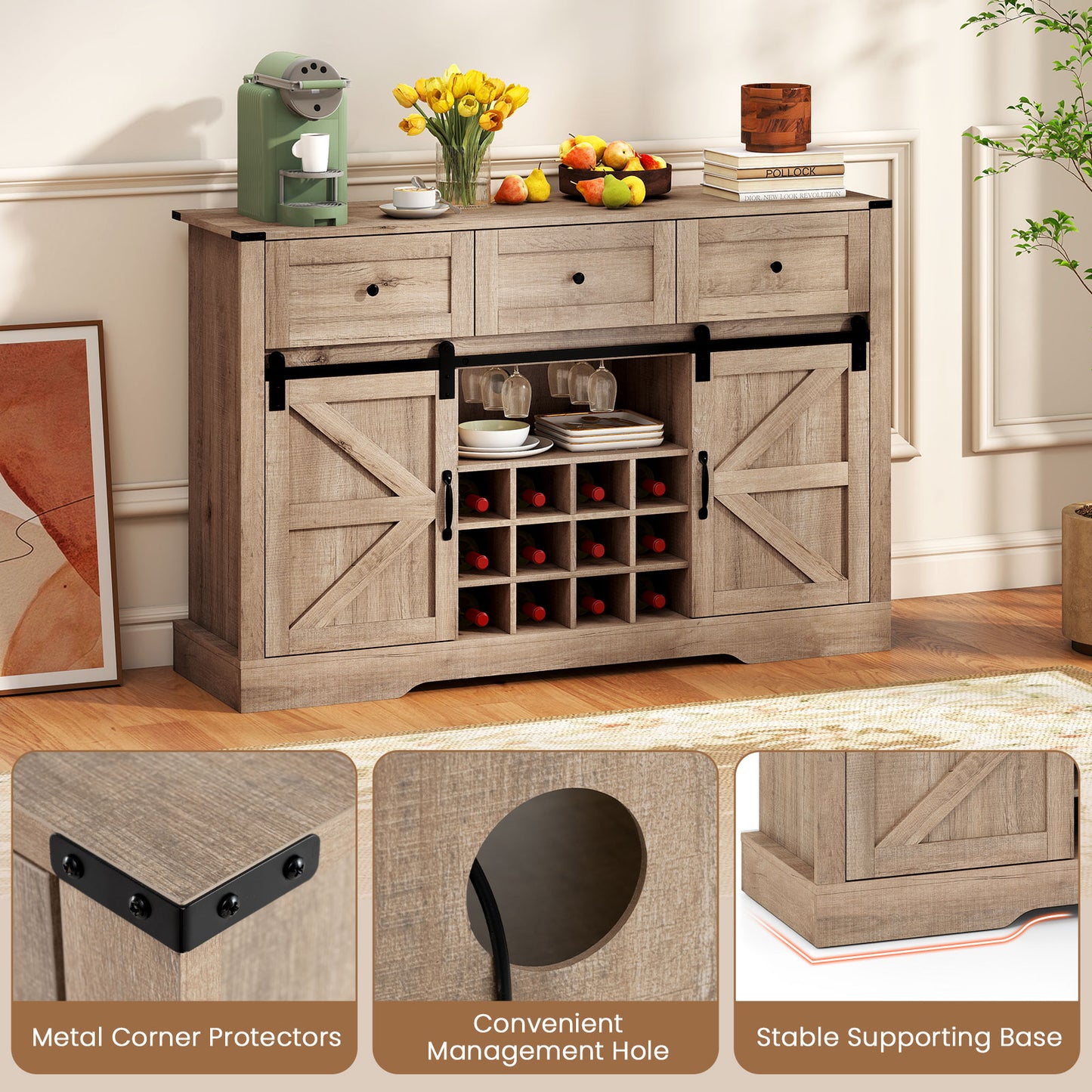 52 Inches Wine Bar Cabinet with LED Lights and Sliding Barn Doors-Light Gray
