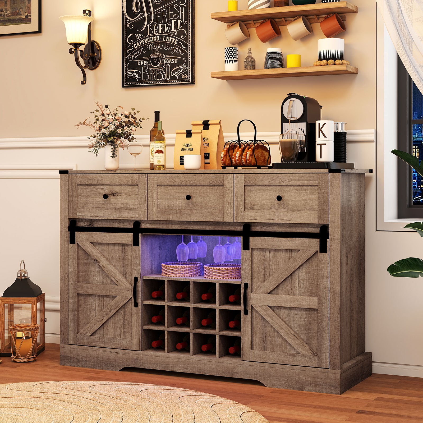 52 Inches Wine Bar Cabinet with LED Lights and Sliding Barn Doors-Light Gray