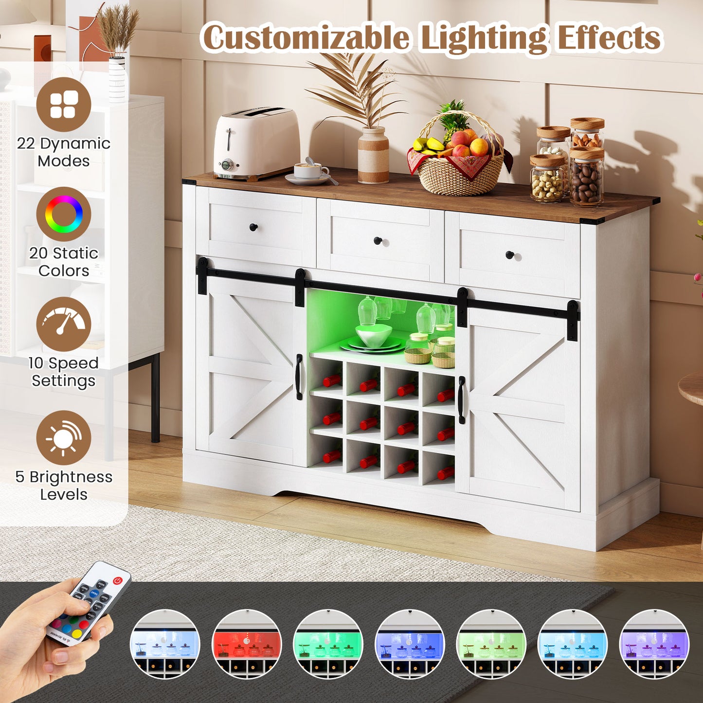 52 Inches Wine Bar Cabinet with LED Lights and Sliding Barn Doors-White