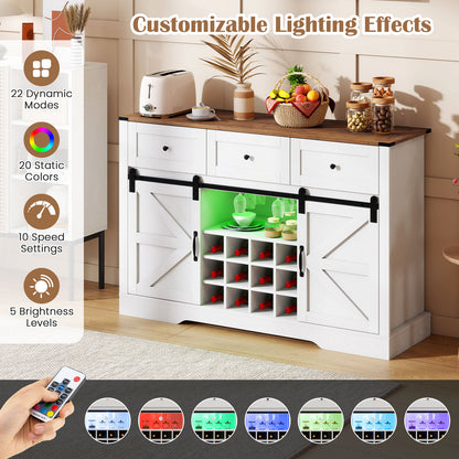 52 Inches Wine Bar Cabinet with LED Lights and Sliding Barn Doors-White