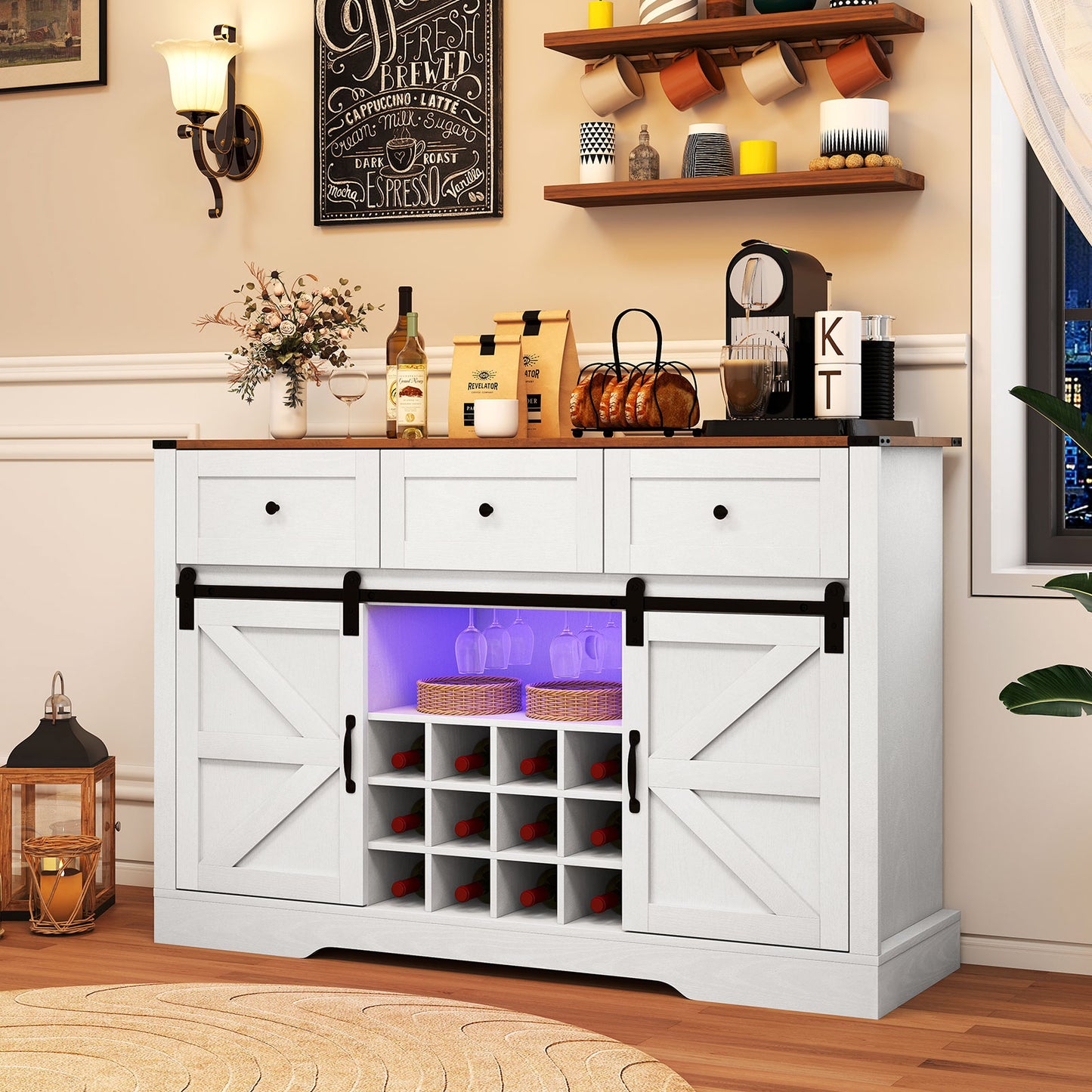 52 Inches Wine Bar Cabinet with LED Lights and Sliding Barn Doors-White