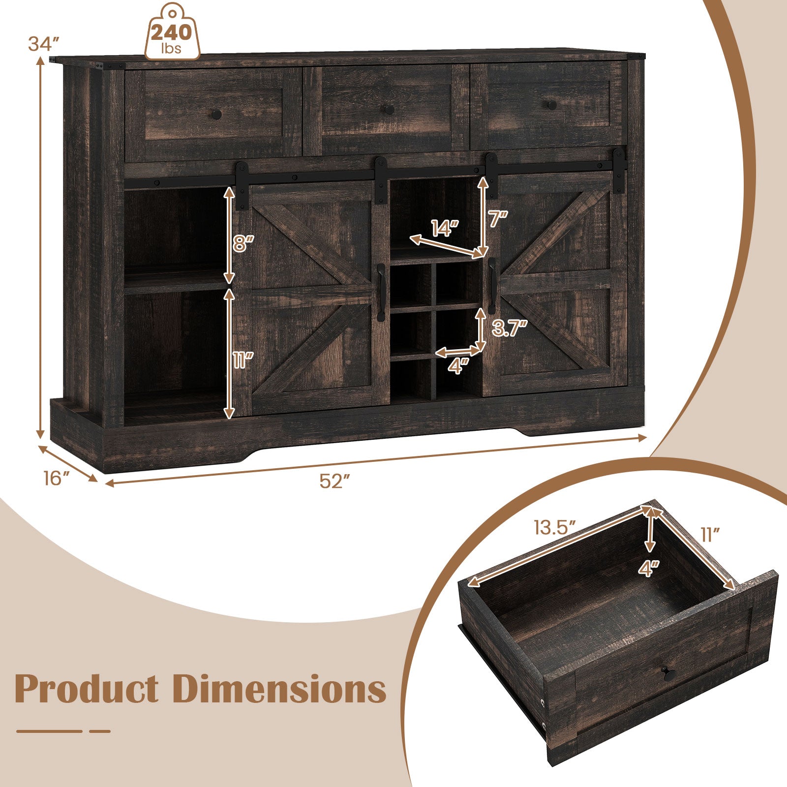 52 Inches Wine Bar Cabinet with LED Lights and Sliding Barn Doors-Black