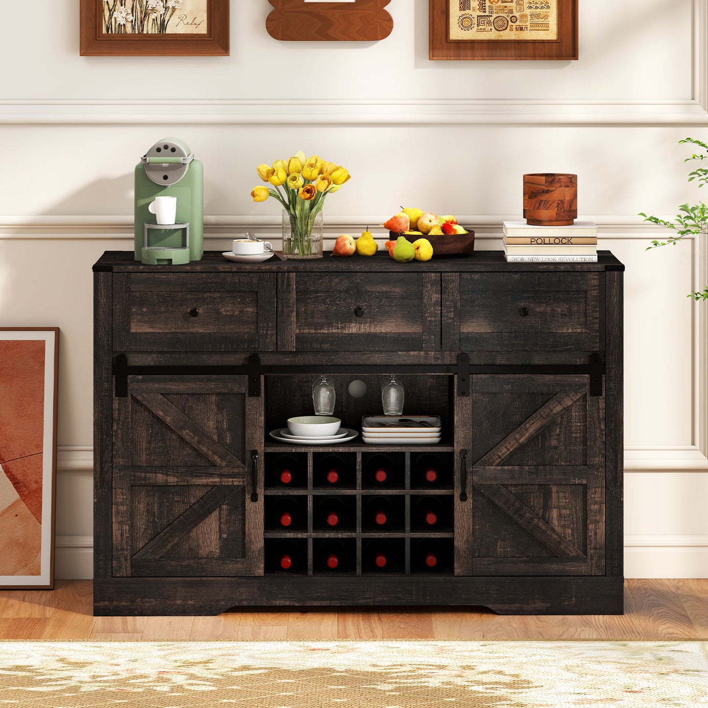 52 Inches Wine Bar Cabinet with LED Lights and Sliding Barn Doors-Black