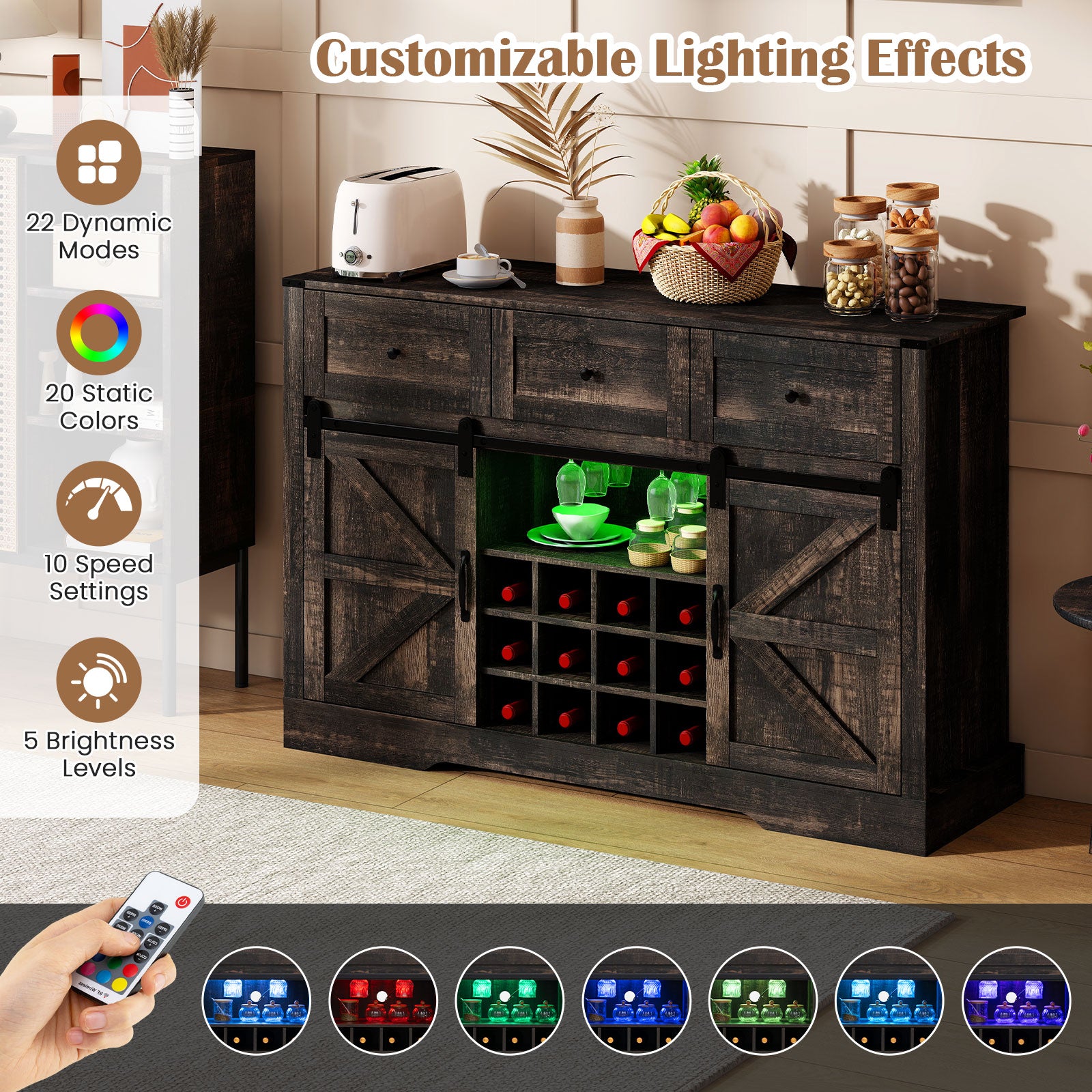 52 Inches Wine Bar Cabinet with LED Lights and Sliding Barn Doors-Black