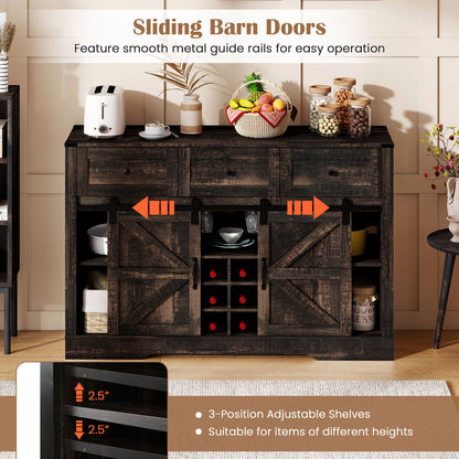 52 Inches Wine Bar Cabinet with LED Lights and Sliding Barn Doors-Black