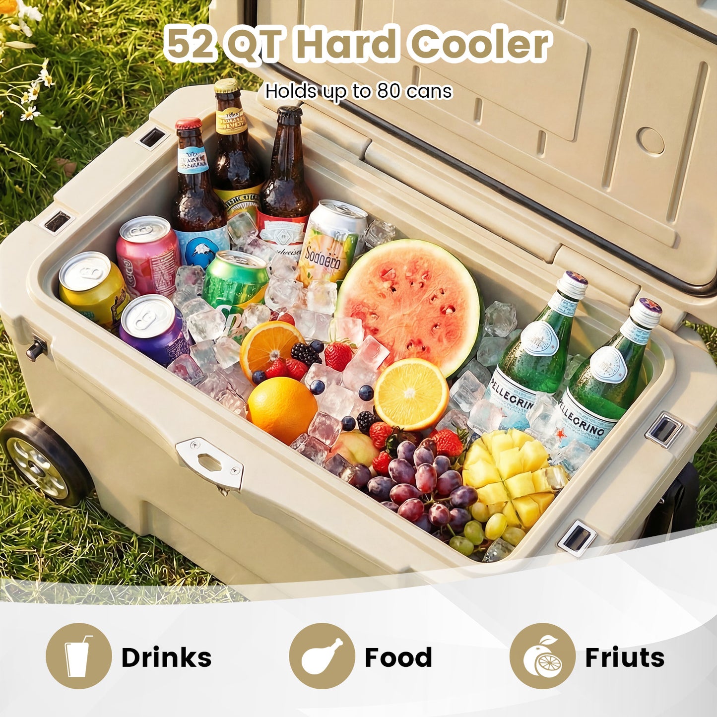 52 Quart Portable Hard Cooler with 6-Day Ice Retention and Wheels-Khaki