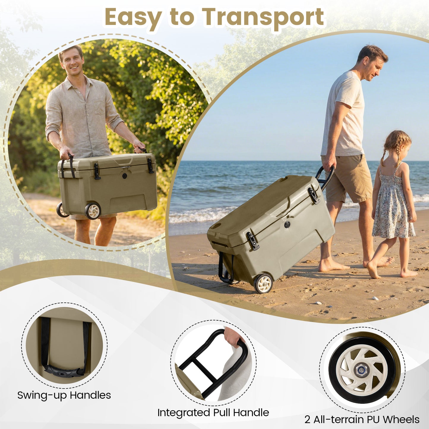 52 Quart Portable Hard Cooler with 6-Day Ice Retention and Wheels-Khaki