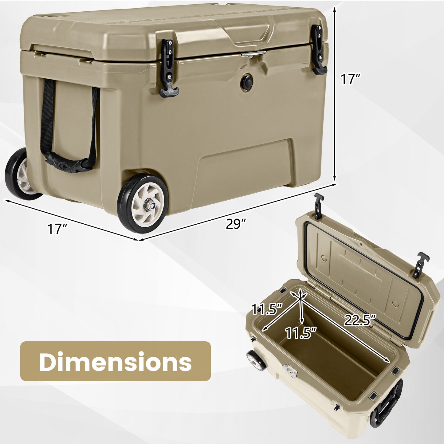 52 Quart Portable Hard Cooler with 6-Day Ice Retention and Wheels-Khaki