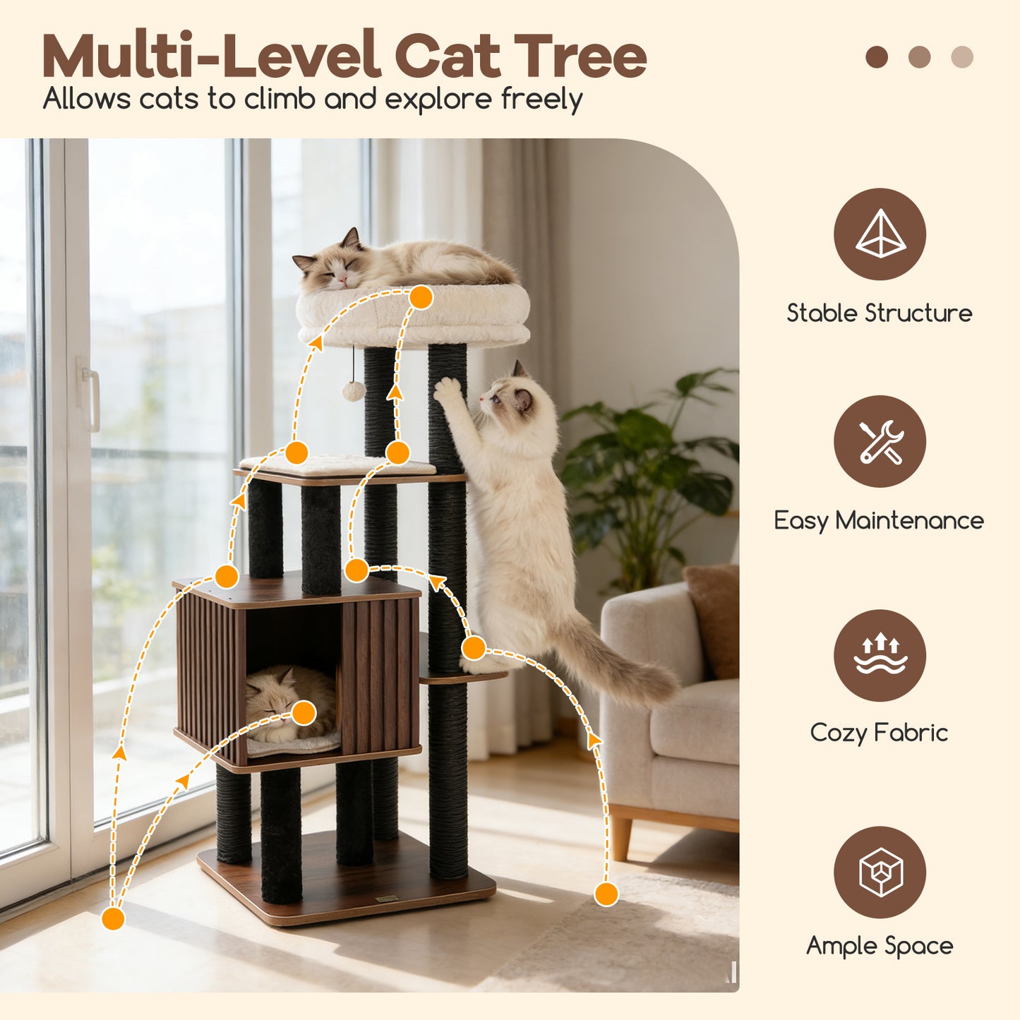 53.5 inch Tall Cat Tree for Indoor Cat Wooden Cat Tower Top Perch with Soft Padding-Brown