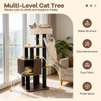 53.5 inch Tall Cat Tree for Indoor Cat Wooden Cat Tower Top Perch with Soft Padding-Brown