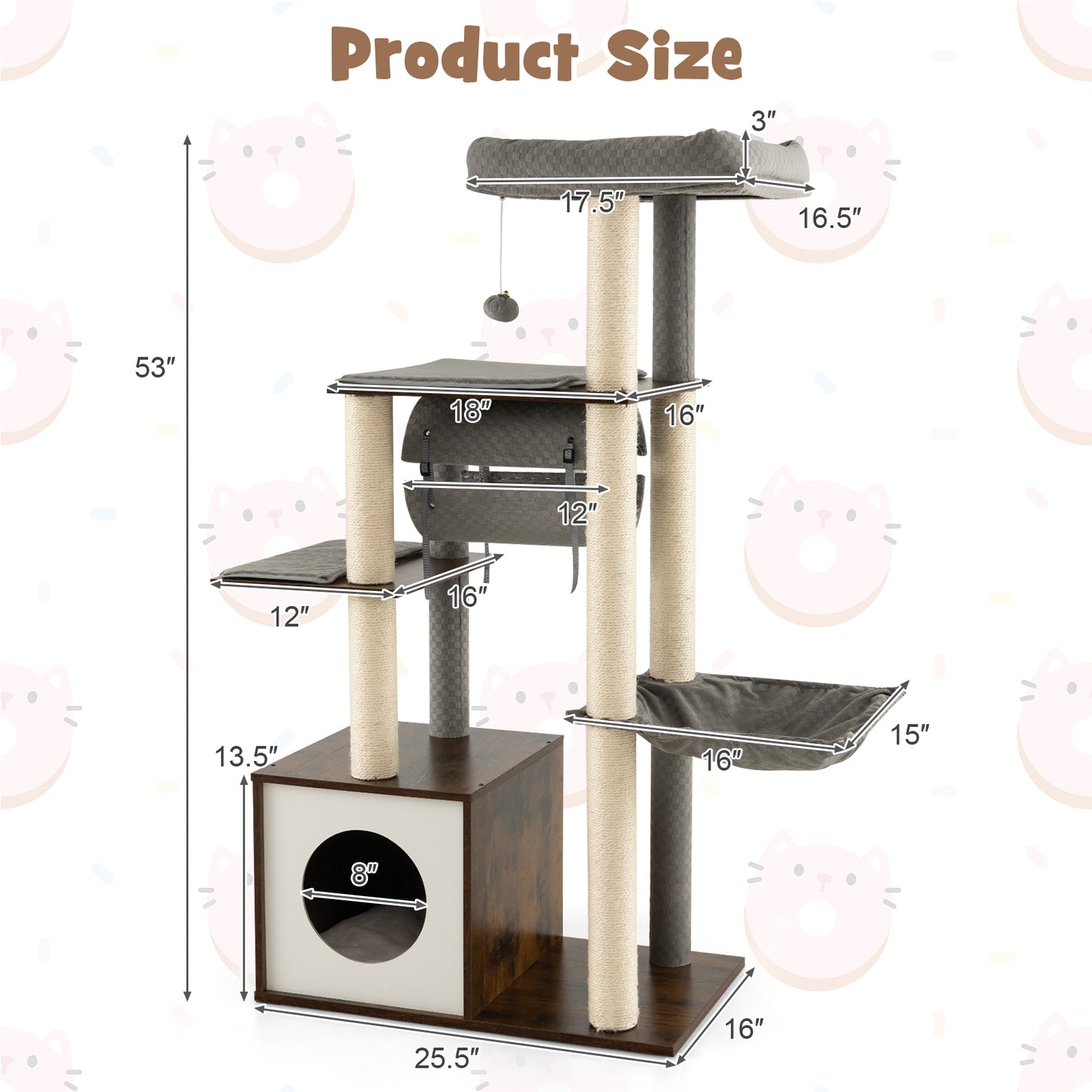 53 Inch Cat Tree with Condo and Swing Tunnel-Gray