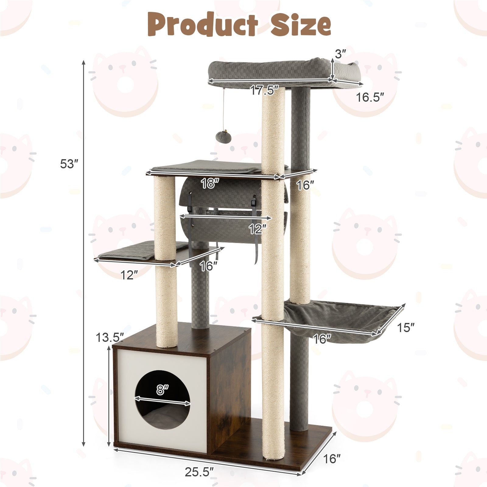 53 Inch Cat Tree with Condo and Swing Tunnel-Gray