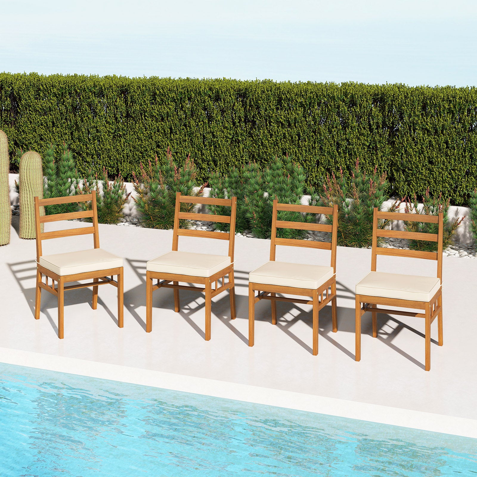 Outdoor Wooden Dining Chair Set of 4 with Padded Seat Cushions-White