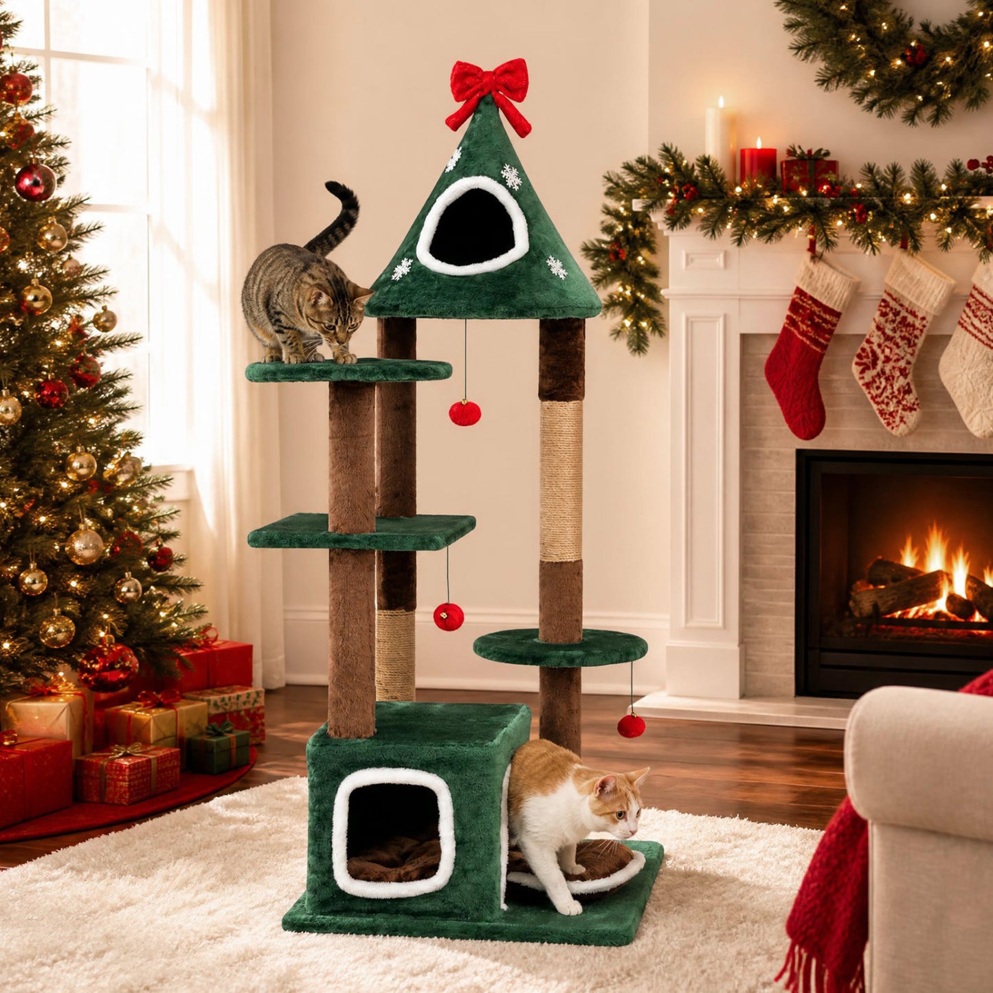 54" Christmas Cat Tree with 2 Condos & Scratching Post