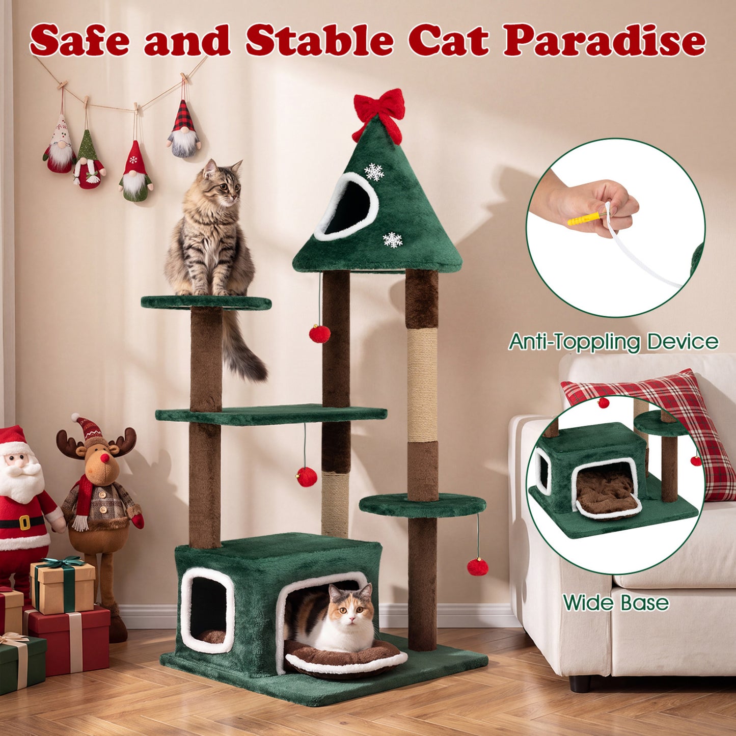 54" Christmas Cat Tree with 2 Condos & Scratching Post