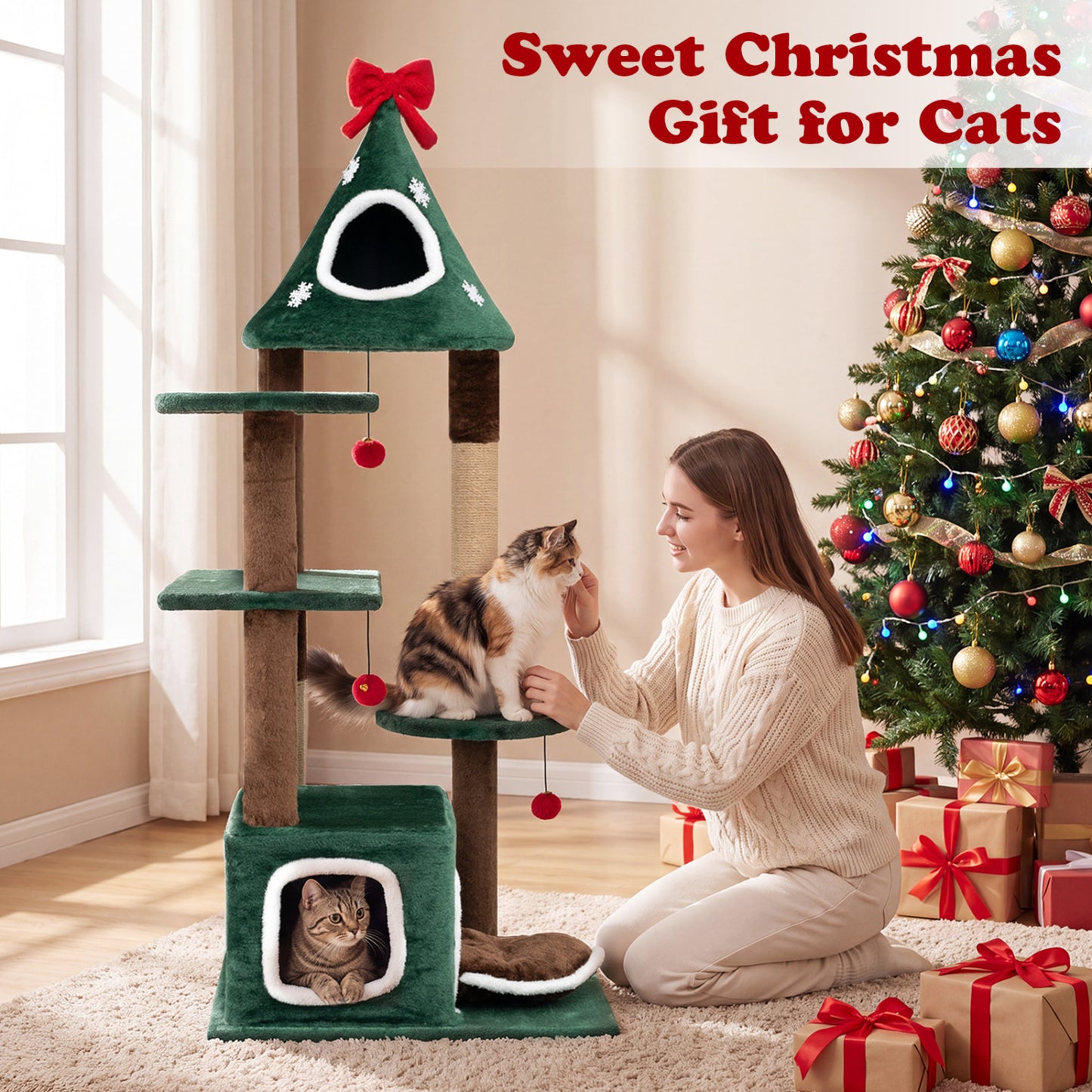 54" Christmas Cat Tree with 2 Condos & Scratching Post
