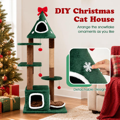 54" Christmas Cat Tree with 2 Condos & Scratching Post