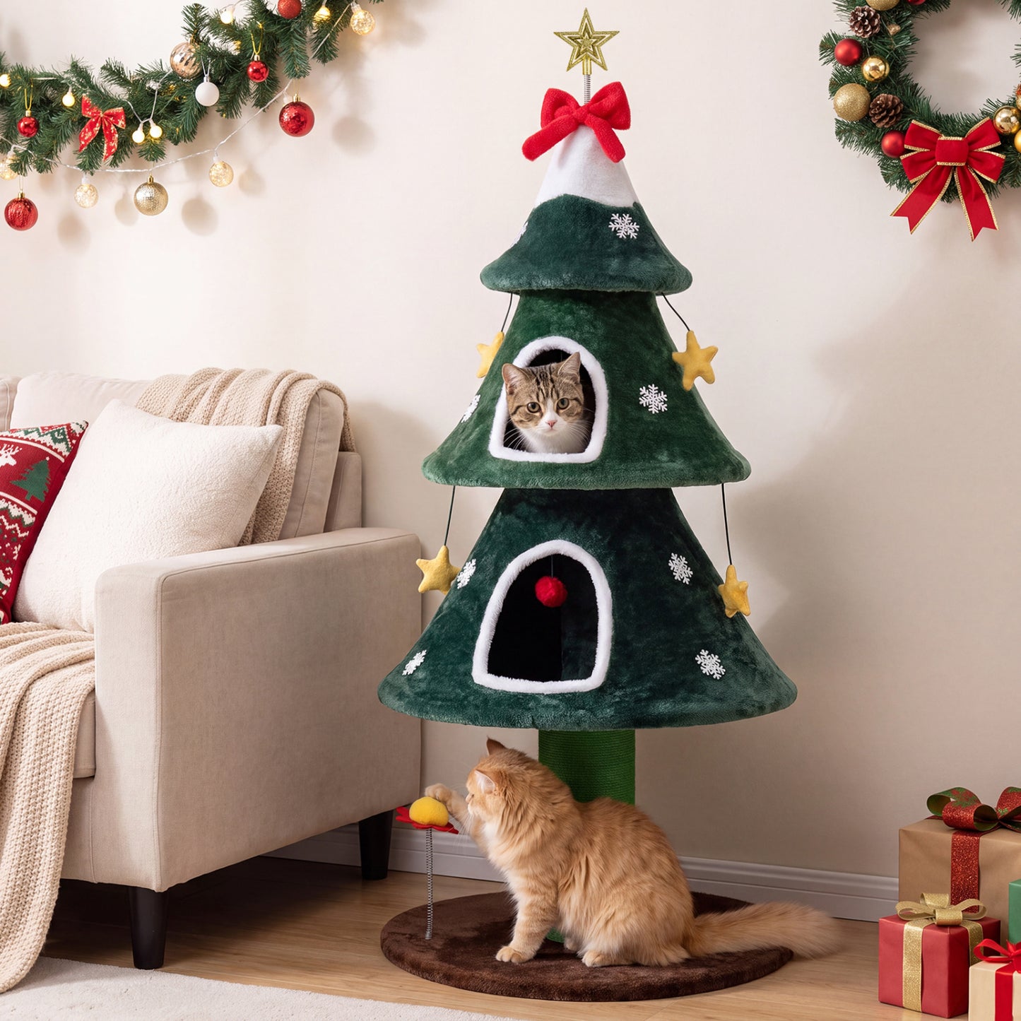 54-Inch Christmas Cat Tree with 2 Condos - Green