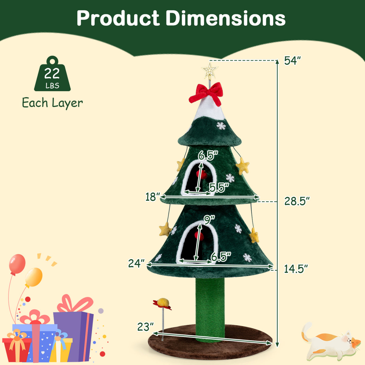 54-Inch Christmas Cat Tree with 2 Condos - Green