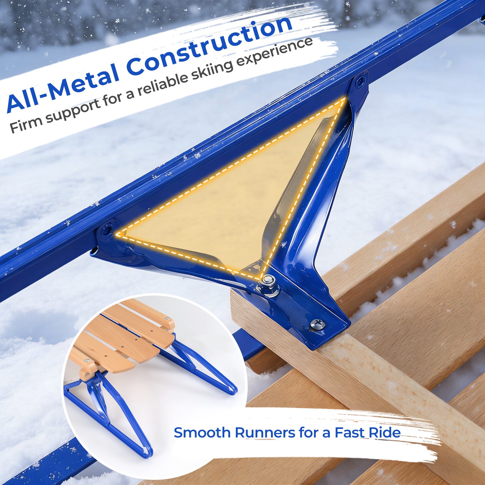 54 Inch Wood Snow Sled with Metal Runners and Steering Bar-Blue