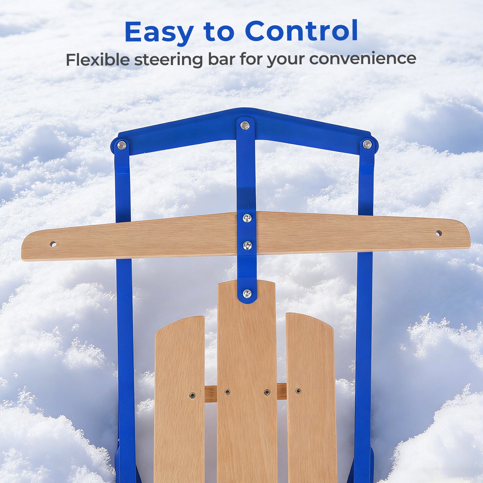 54 Inch Wood Snow Sled with Metal Runners and Steering Bar-Blue