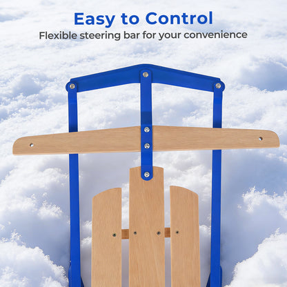 54 Inch Wood Snow Sled with Metal Runners and Steering Bar-Blue