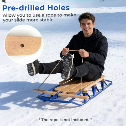 54 Inch Wood Snow Sled with Metal Runners and Steering Bar-Blue