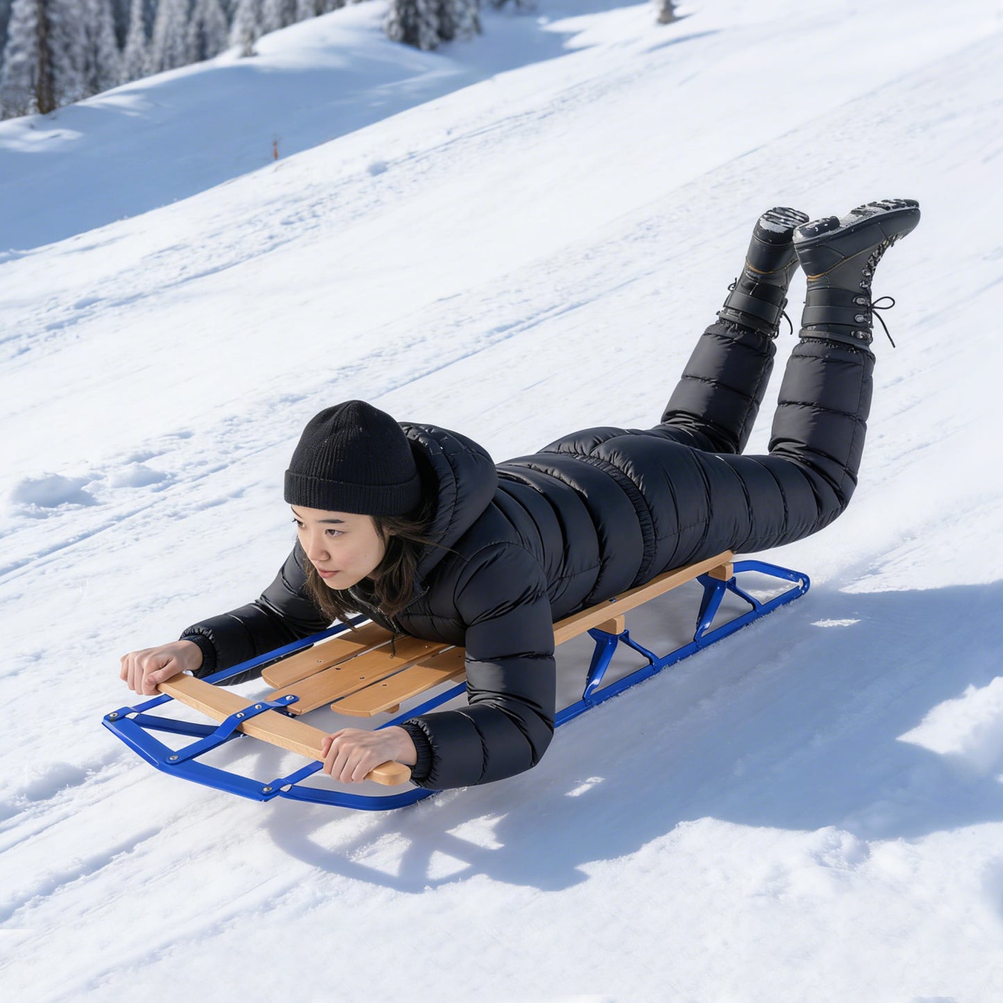 54 Inch Wood Snow Sled with Metal Runners and Steering Bar-Blue