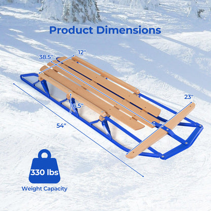 54 Inch Wood Snow Sled with Metal Runners and Steering Bar-Blue