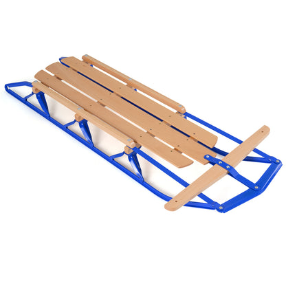 54 Inch Wood Snow Sled with Metal Runners and Steering Bar-Blue