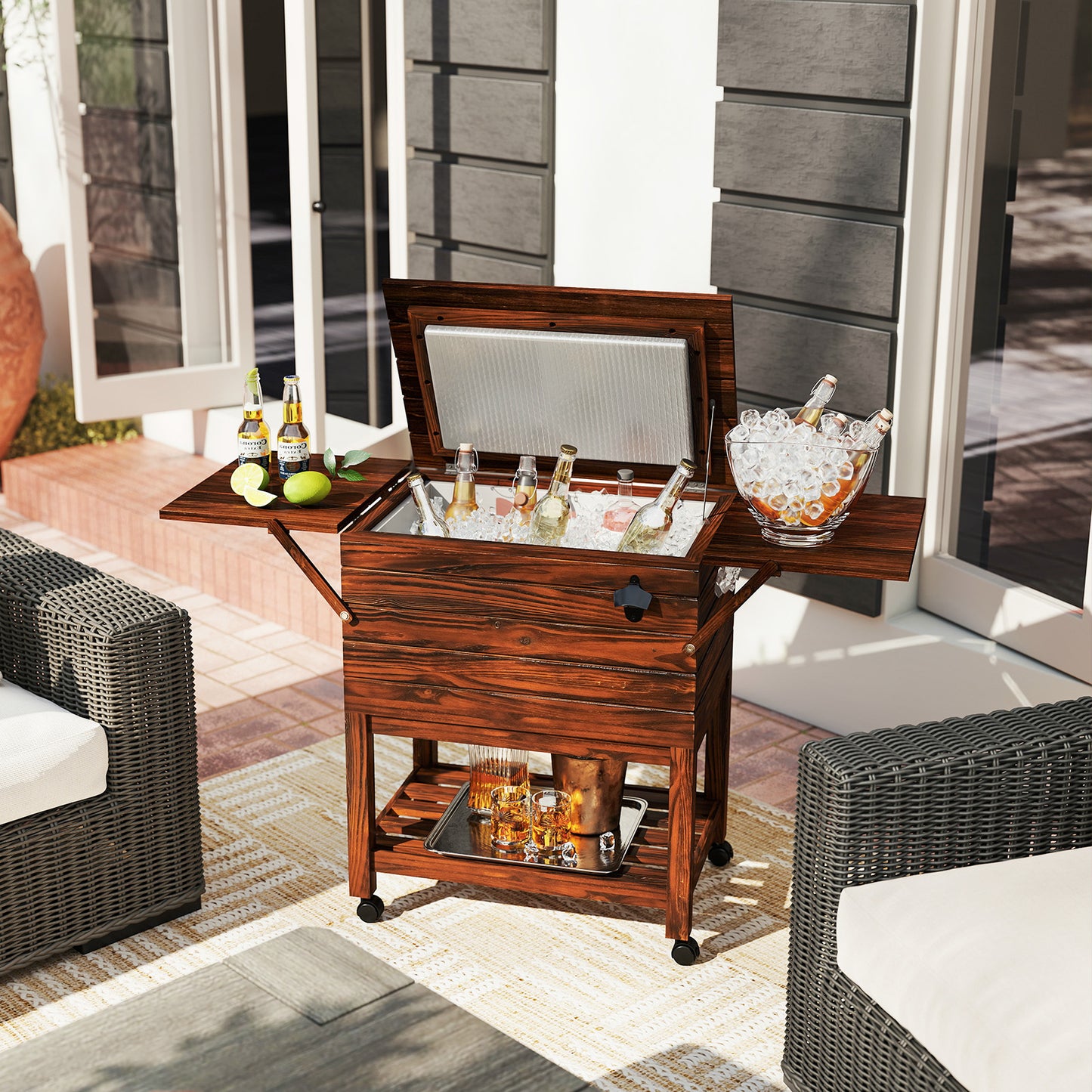 54 Quart Wooden Cooler Cart for Patio Rolling Ice Chest with Shelves-Brown