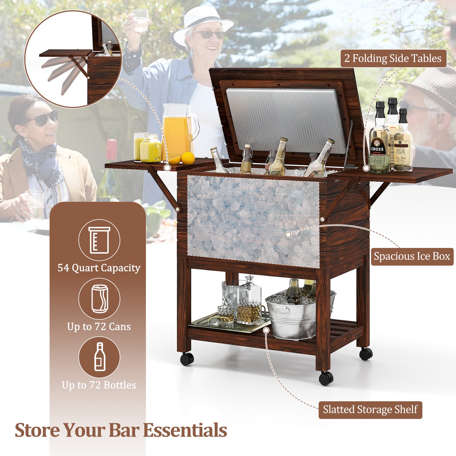 54 Quart Wooden Cooler Cart for Patio Rolling Ice Chest with Shelves-Brown