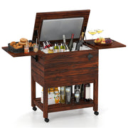 54 Quart Wooden Cooler Cart for Patio Rolling Ice Chest with Shelves-Brown