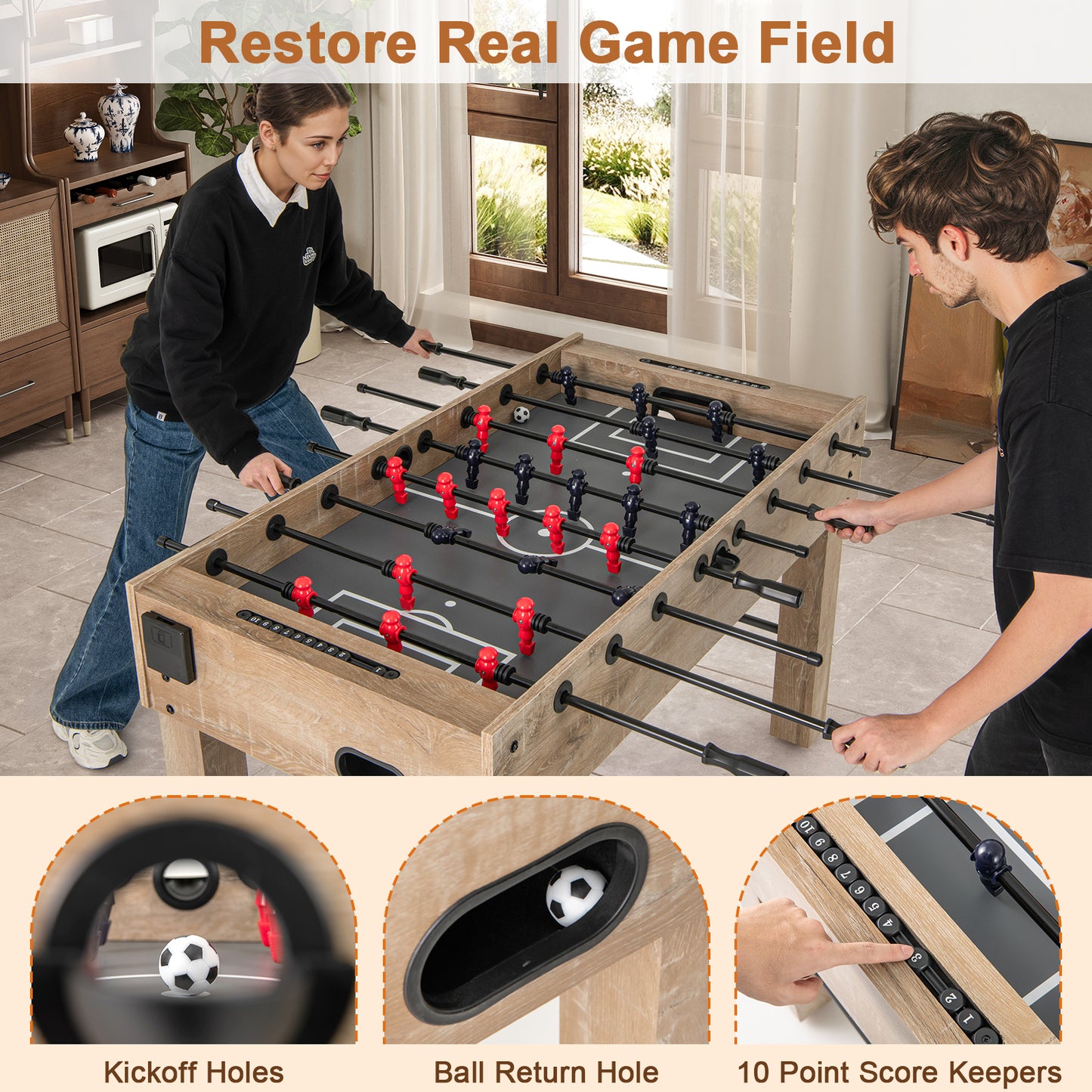 54 Inches Full Size Foosball Table with Legs 2 Balls and 2 Foldable Cup Holders for Kids Teens Adults-Natural