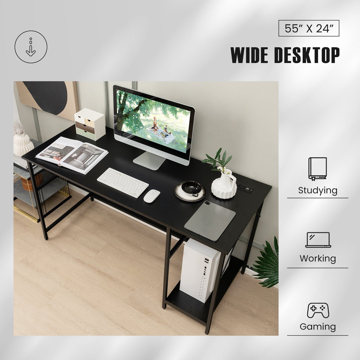 55 Inch Computer Desk with 4 Power Outlets and CPU Stand-Black