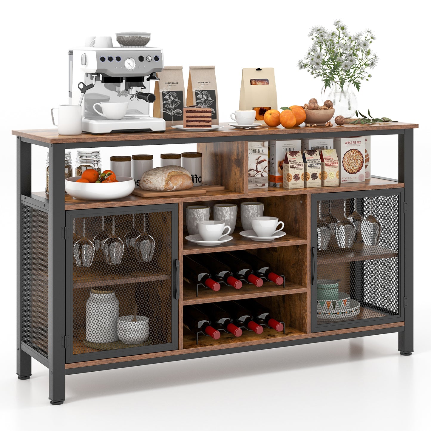 55-Inch Buffet Sideboard with 8-Bottle Wine Racks and Wine Glass Holders