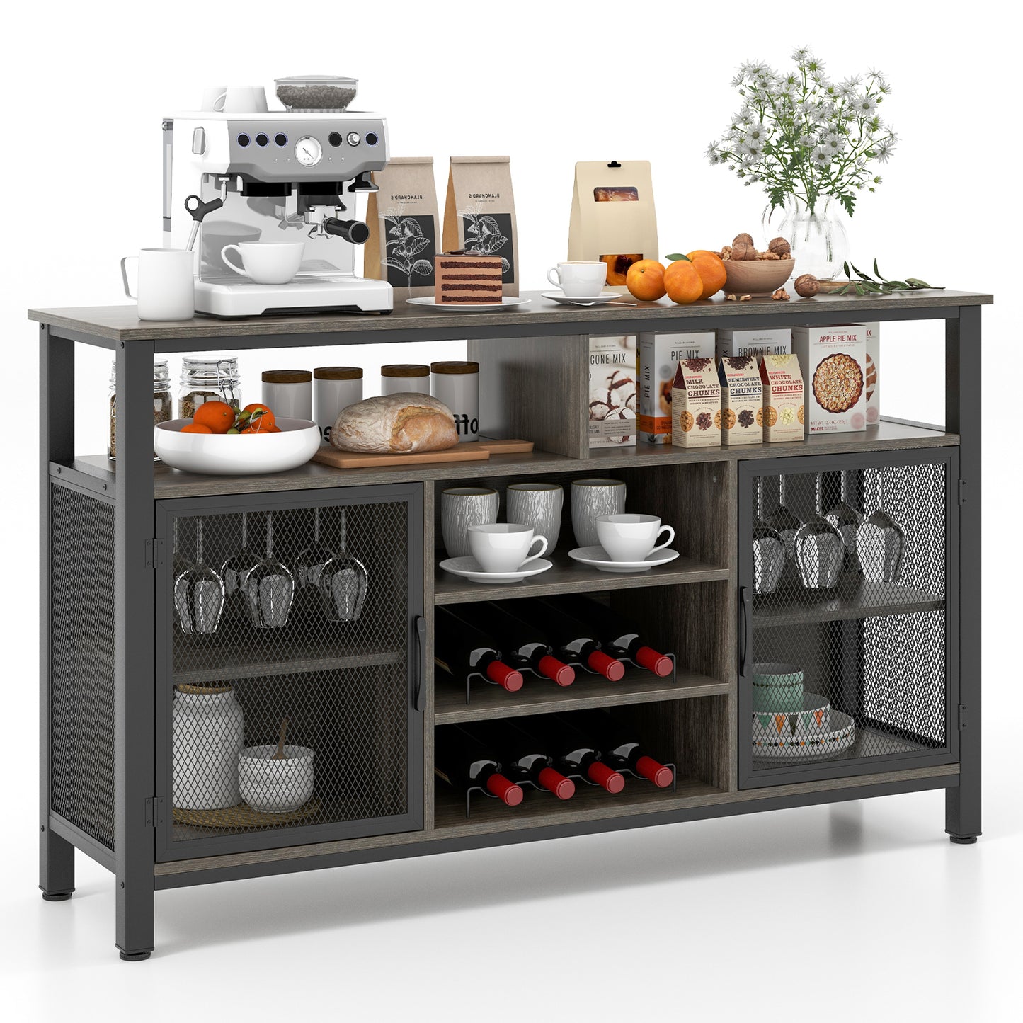55-Inch Buffet Sideboard with 8-Bottle Wine Racks and Wine Glass Holders-Rustic Brown - Gray