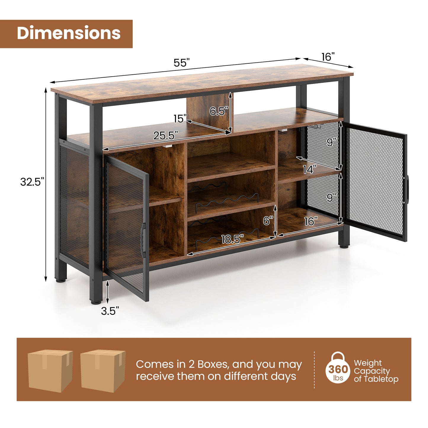 55-Inch Buffet Sideboard with 8-Bottle Wine Racks and Wine Glass Holders