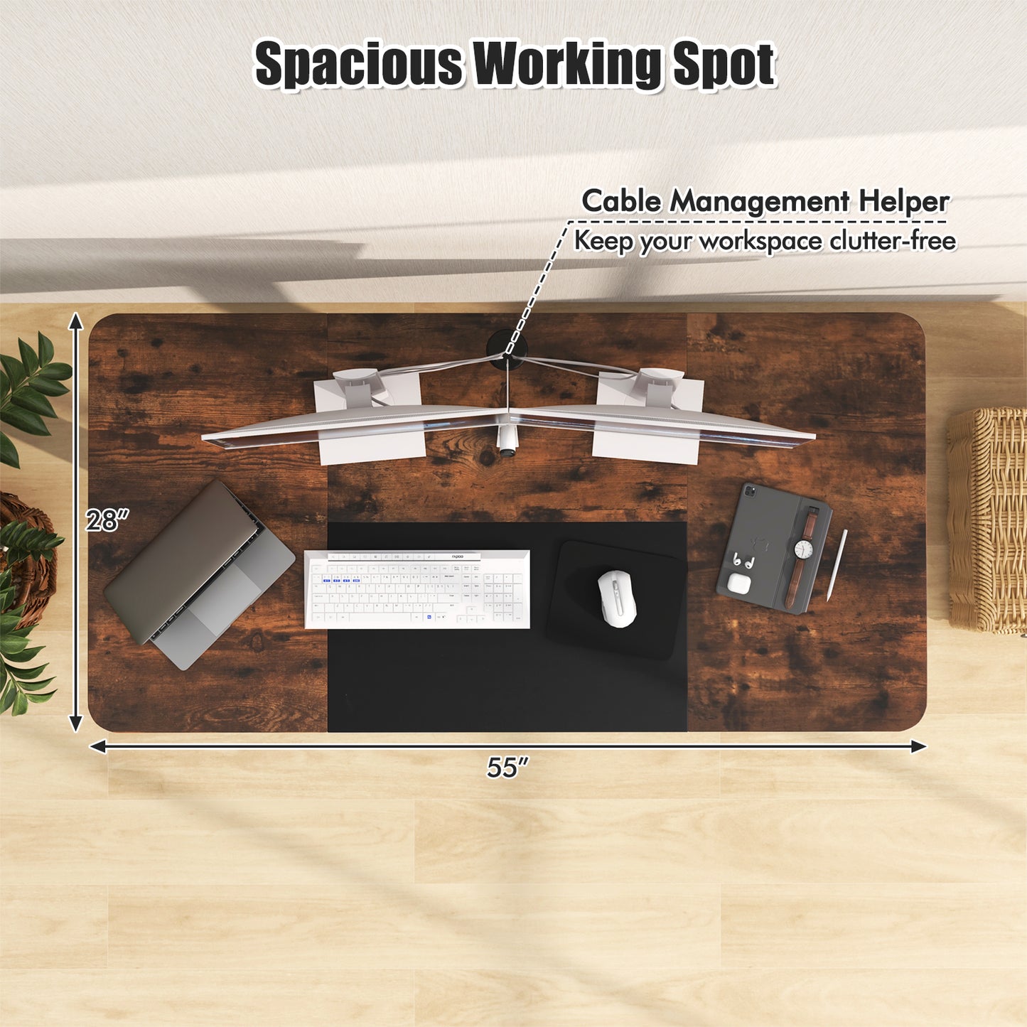 55 Inch Electric Standing Desk Adjustable with Cable Management Hole-Brown