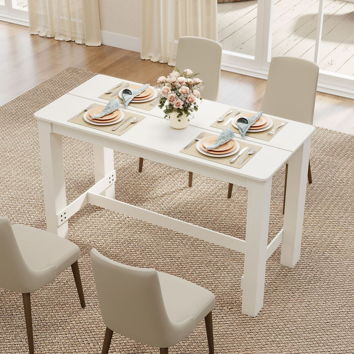 55 Inch Rectangular Farmhouse Kitchen Table for 4-6 People-White