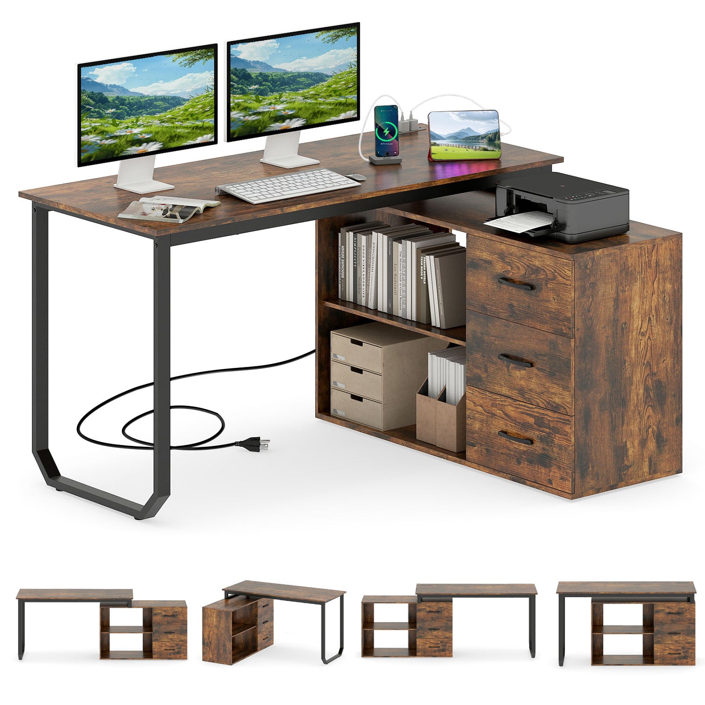 55 Inch Reversible L Shaped Desk with 3 Drawers Home Office Desk with Adjustable Shelf-Rustic Brown