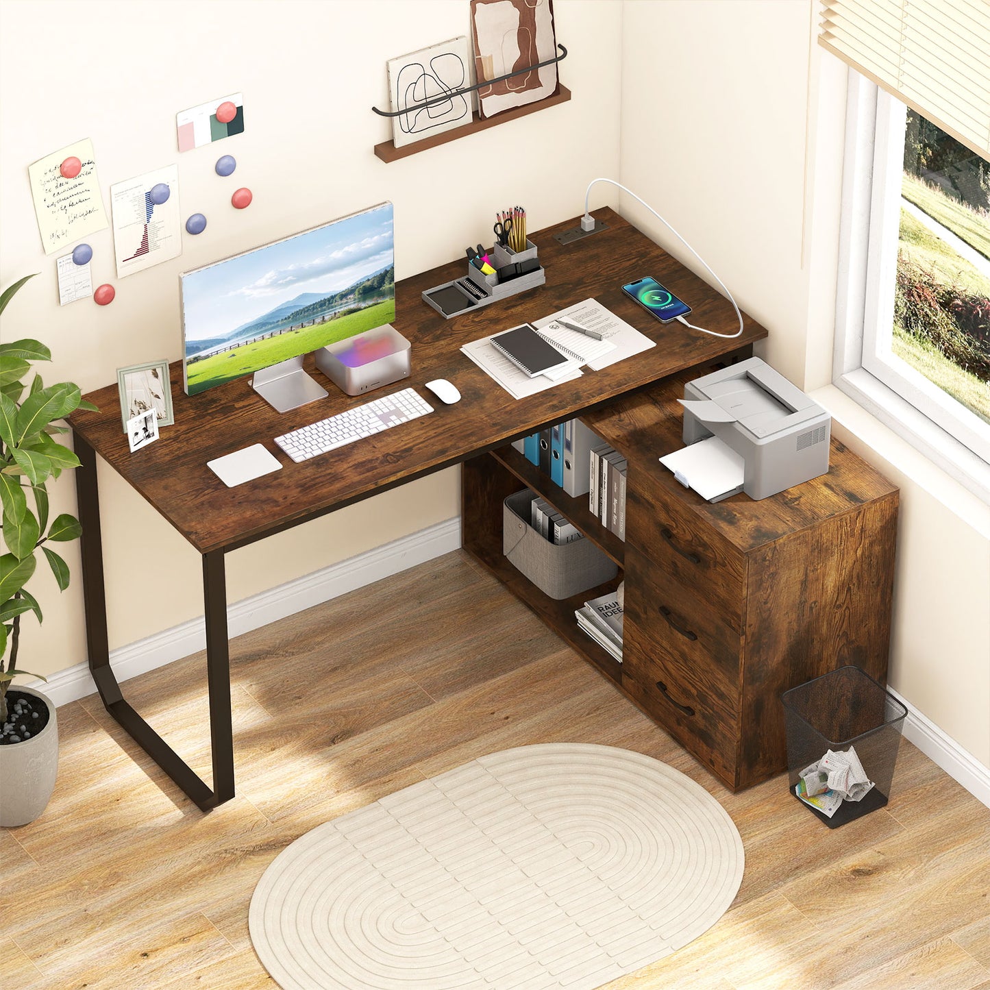 55 Inch Reversible L Shaped Desk with 3 Drawers Home Office Desk with Adjustable Shelf-Rustic Brown