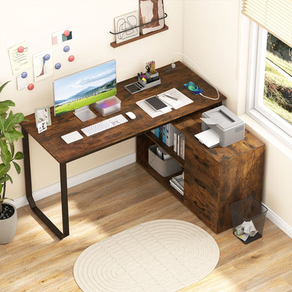 55 Inch Reversible L Shaped Desk with 3 Drawers Home Office Desk with Adjustable Shelf-Rustic Brown
