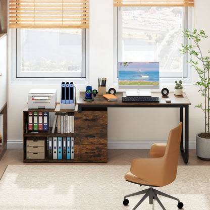 55 Inch Reversible L Shaped Desk with 3 Drawers Home Office Desk with Adjustable Shelf-Rustic Brown