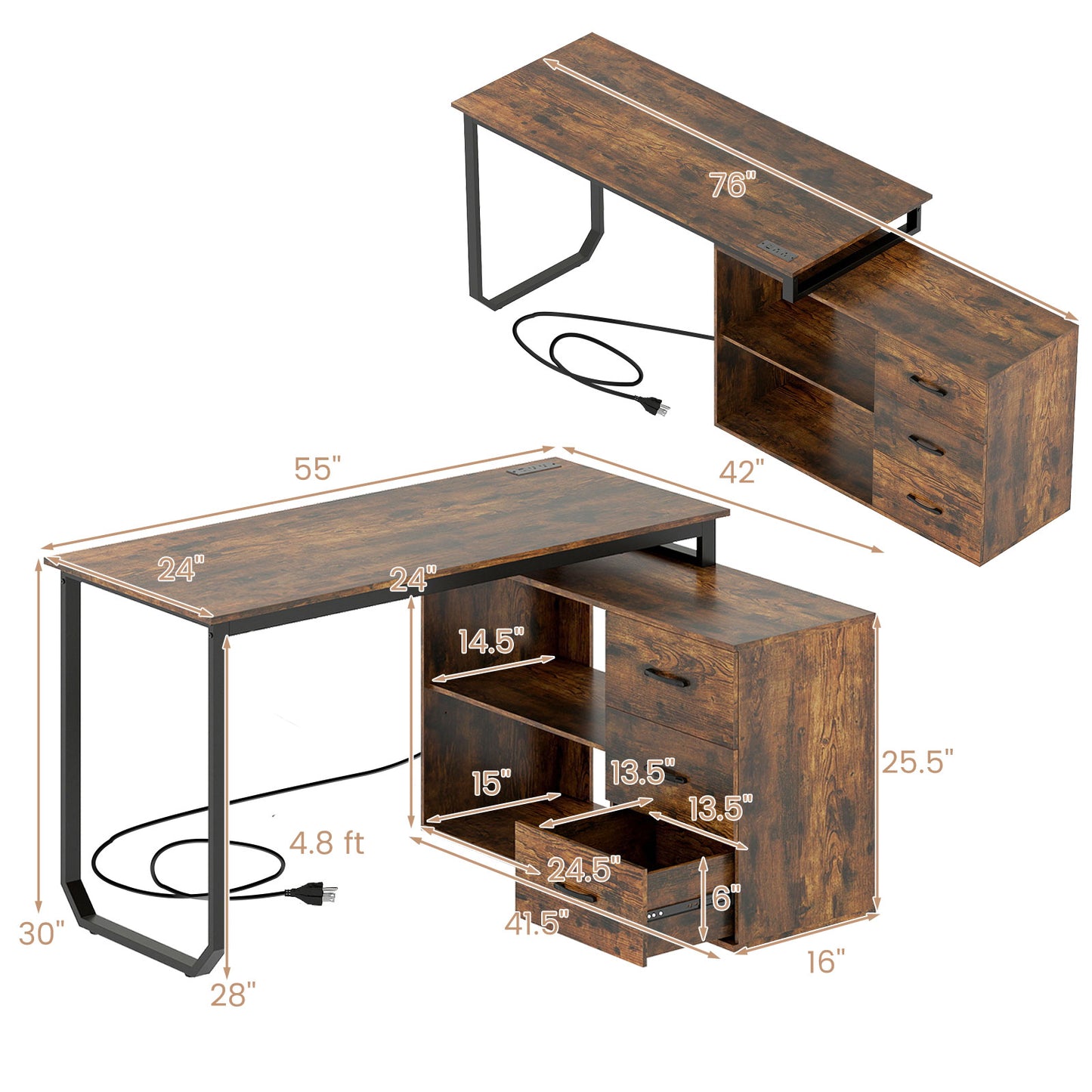 55 Inch Reversible L Shaped Desk with 3 Drawers Home Office Desk with Adjustable Shelf-Rustic Brown
