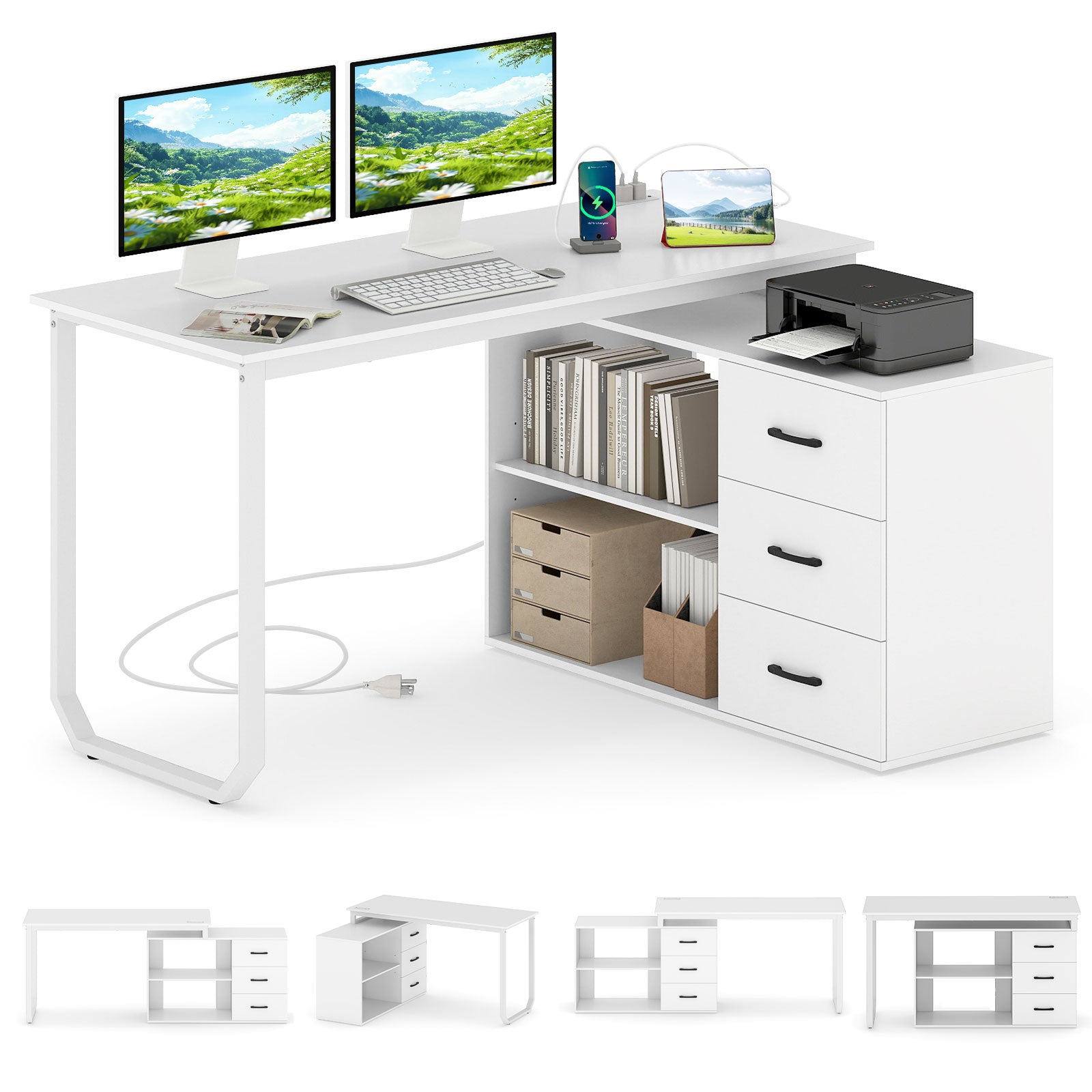 55 Inch Reversible L Shaped Desk with 3 Drawers Home Office Desk with Adjustable Shelf-White