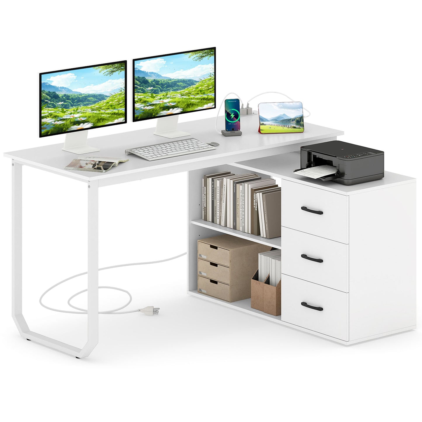 55 Inch Reversible L Shaped Desk with 3 Drawers Home Office Desk with Adjustable Shelf-White
