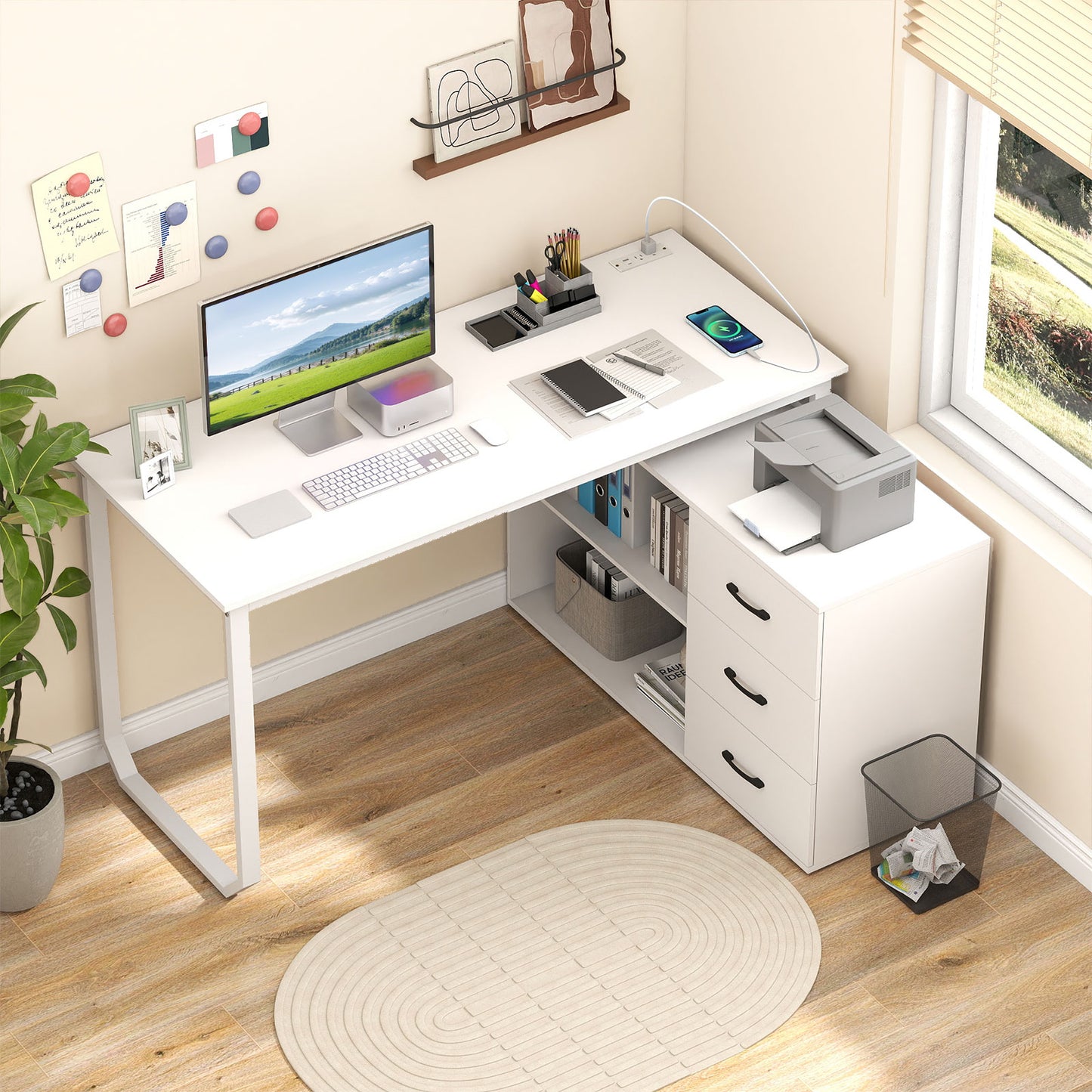 55 Inch Reversible L Shaped Desk with 3 Drawers Home Office Desk with Adjustable Shelf-White