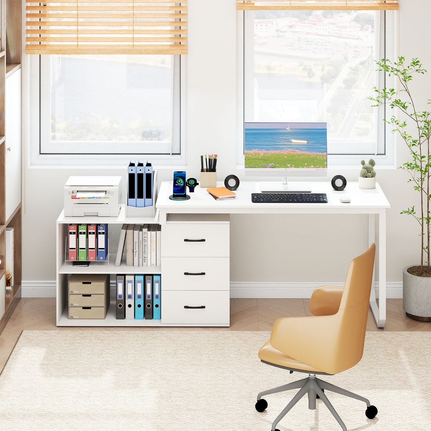 55 Inch Reversible L Shaped Desk with 3 Drawers Home Office Desk with Adjustable Shelf-White
